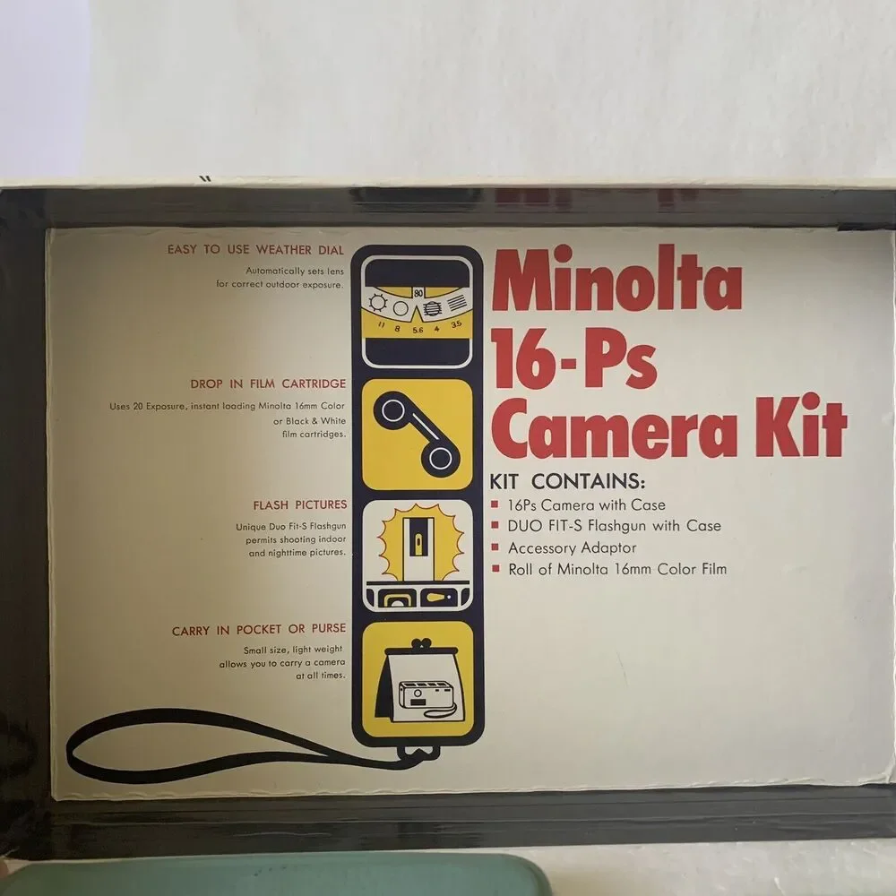 Vintage Minolta 16-Ps Film Spy Camera Kit w Flash, Clamp, Film, Manuals Box MINT